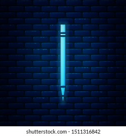 Glowing neon Pencil with eraser and line icon isolated on brick wall background. Drawing and educational tools. School office symbol.  Vector Illustration