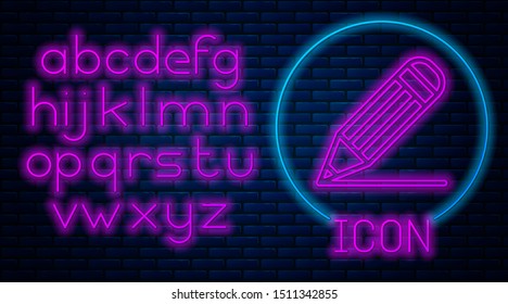 Glowing neon Pencil and line icon isolated on brick wall background. Education sign. Drawing and educational tools. School office symbol. Neon light alphabet. Vector Illustration