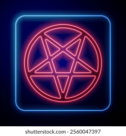 Glowing neon Pentagram in a circle icon isolated on blue background. Magic occult star symbol.  Vector