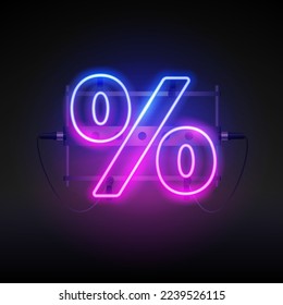 Glowing Neon Percent Sign Banner. Stock vector clipart for sales design.