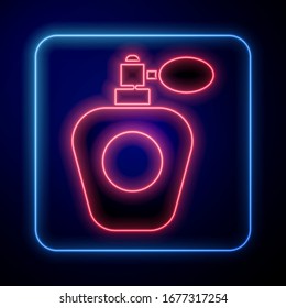 Glowing neon Perfume icon isolated on blue background.  Vector Illustration