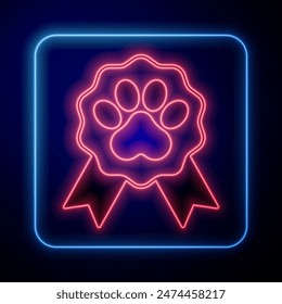 Glowing neon Pet award symbol icon isolated on black background. Badge with dog or cat paw print and ribbons. Medal for animal.  Vector