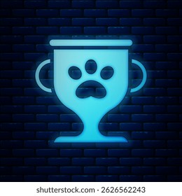 Glowing neon Pet award symbol icon isolated on brick wall background. Medal with dog footprint as pets exhibition winner concept.  Vector