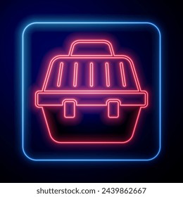 Glowing neon Pet carry case icon isolated on black background. Carrier for animals, dog and cat. Container for animals. Animal transport box.  Vector