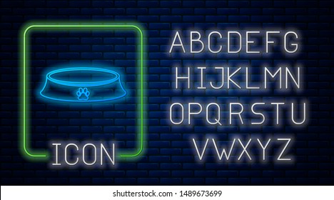 Glowing neon Pet food bowl for cat or dog icon isolated on brick wall background. Dog or cat paw print. Neon light alphabet. Vector Illustration