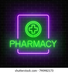 Glowing Neon Pharmacy Signboard On A Dark Brick Wall Background. Illuminated Drugstore Sign With Neon Effect. Vector Illustration.