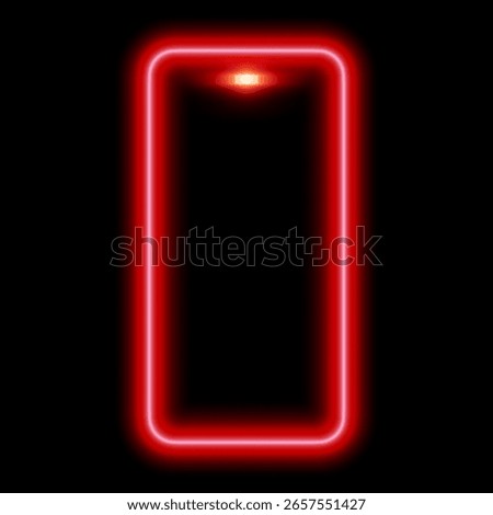 Glowing neon phone red outline frame. Bright smartphone shape silhouette. Mobile device and gadget luminous. Vector illustration of touchscreen illumination on black background