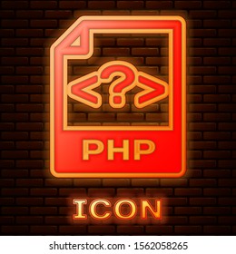 Glowing neon PHP file document. Download php button icon isolated on brick wall background. PHP file symbol.  Vector Illustration
