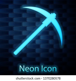 Glowing neon Pickaxe icon isolated on brick wall background. Blockchain technology, cryptocurrency mining, bitcoin, digital money market, cryptocoin wallet. Vector Illustration