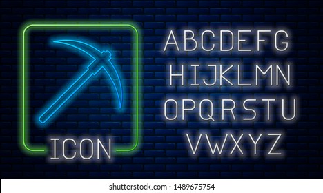 Glowing neon Pickaxe icon isolated on brick wall background. Blockchain technology, cryptocurrency mining, bitcoin, digital money market, cryptocoin wallet. Neon light alphabet. Vector Illustration