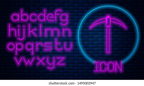 Glowing neon Pickaxe icon isolated on brick wall background. Blockchain technology, cryptocurrency mining, bitcoin, digital money market, cryptocoin wallet. Neon light alphabet. Vector Illustration