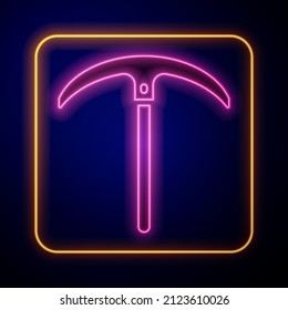 Glowing neon Pickaxe icon isolated on black background.  Vector