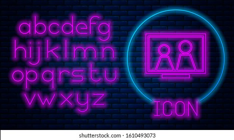 Glowing neon Picture frame on table icon isolated on brick wall background. Neon light alphabet. Vector Illustration