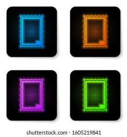 Glowing neon Picture icon isolated on white background. Black square button. Vector Illustration