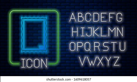 Glowing neon Picture icon isolated on brick wall background. Neon light alphabet. Vector Illustration