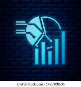 Glowing neon Pie chart infographic icon isolated on brick wall background. Diagram chart sign.   Vector Illustration