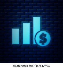 Glowing neon Pie chart infographic and dollar symbol icon isolated on brick wall background. Diagram chart sign.  Vector Illustration