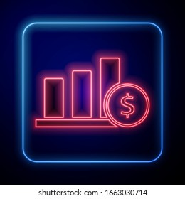 Glowing neon Pie chart infographic and dollar symbol icon isolated on blue background. Diagram chart sign.  Vector Illustration