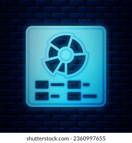 Glowing neon Pie chart infographic icon isolated on brick wall background. Diagram chart sign.  Vector