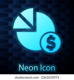 Glowing neon Pie chart infographic and dollar symbol icon isolated on brick wall background. Diagram chart sign.  Vector