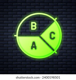 Glowing neon Pie chart infographic icon isolated on brick wall background. Diagram chart sign.  Vector