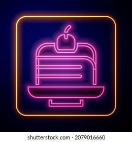 Glowing neon Piece of cake icon isolated on black background. Happy Birthday.  Vector