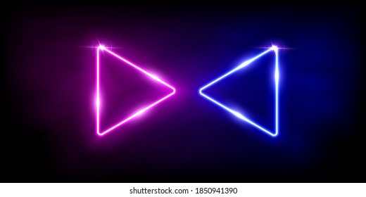 Glowing neon pink and blue triangles. Abstract lines with electric light frames on black background. Geometric fashion design vector illustration. Empty minimal shapes decoration.