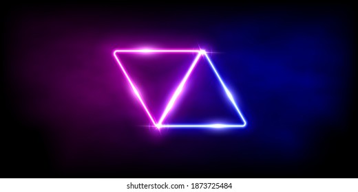 Triángulos brillantes de neón rosa y azul. Líneas abstractas con marcos de luz eléctrica sobre fondo negro. Ilustración vectorial de diseño de moda geométrica. Decoración de formas mínimas vacía.