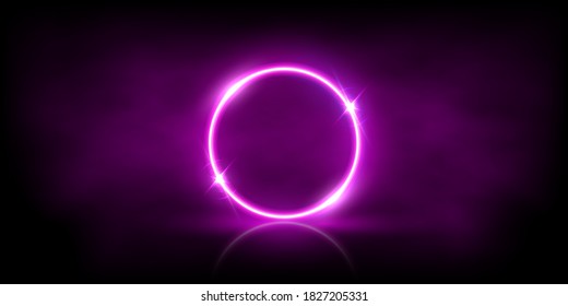 Glowing neon pink circle with sparkles in fog abstract background. Round electric light frame. Geometric fashion design vector illustration. Empty minimal ring art decoration.