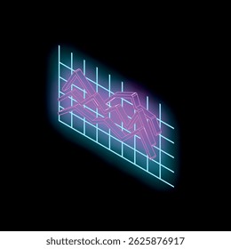 Gráfico de linha rosa neon brilhante com tendência para baixo em uma grade azul vibrante, representando queda financeira ou declínio do mercado