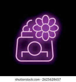 Glowing neon pink outline of a cosmetic cream jar with a flower shaped lid, evoking natural and floral ingredients for beauty products