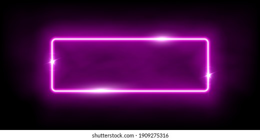 Rectángulo rosa de neón brillante con destellos en fondo abstracto de niebla. Marco de luz eléctrica. Ilustración vectorial de diseño de moda geométrica. Decoración de arte mínima vacía.