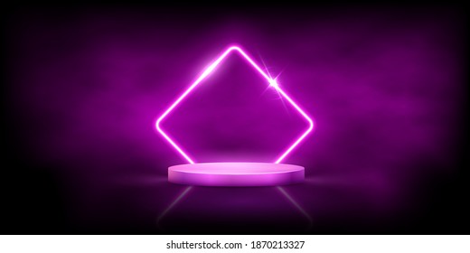 Glowing neon pink rhombus with sparkles in fog on round podium. Abstract electric light frame on black background. Geometric fashion design vector illustration. Empty minimal art decoration.