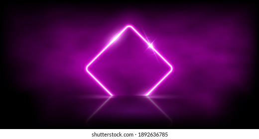 Glowing neon pink rhombus with sparkles in fog with mirror reflection. Abstract electric light frame on black background. Geometric fashion design vector illustration. Empty minimal art decoration.