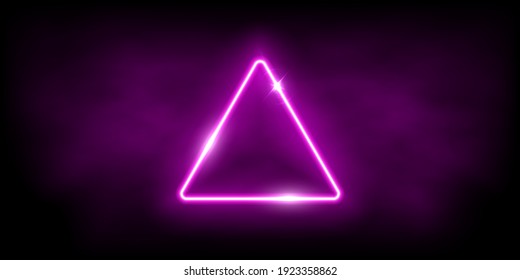 Glowing neon pink triangle with sparkles in fog abstract background. Electric light frame. Geometric fashion design vector illustration. Empty minimal art decoration.