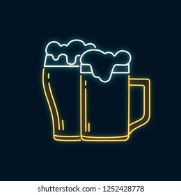 Glowing neon pint beer glass and mug concept for ale. Led luminous sign for bar signboard or night pub. Vector isolated illustration.