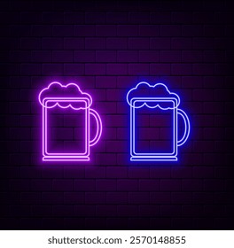 Glowing neon pint beer glass for ale. Led luminous sign for bar menu or signboard. Vector isolated illustration