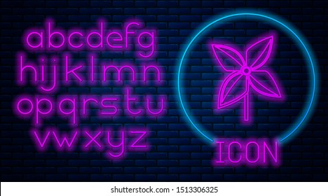 Glowing neon Pinwheel icon isolated on brick wall background. Windmill toy icon. Neon light alphabet. Vector Illustration