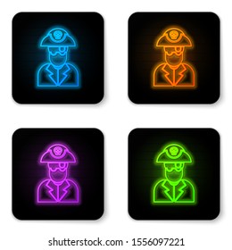 Glowing neon Pirate captain icon isolated on white background. Black square button. Vector Illustration
