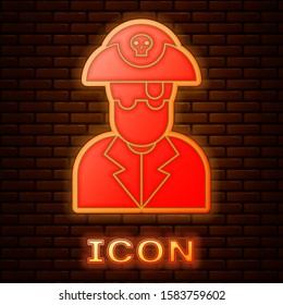 Glowing neon Pirate captain icon isolated on brick wall background.  Vector Illustration
