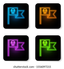Glowing neon Pirate flag with skull icon isolated on white background. Black square button. Vector Illustration
