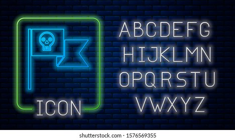 Glowing neon Pirate flag with skull icon isolated on brick wall background. Neon light alphabet. Vector Illustration