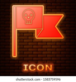 Glowing neon Pirate flag with skull icon isolated on brick wall background.  Vector Illustration