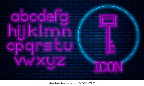 Glowing neon Pirate key icon isolated on brick wall background. Neon light alphabet. Vector Illustration