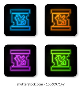 Glowing neon Pirate treasure map icon isolated on white background. Black square button. Vector Illustration