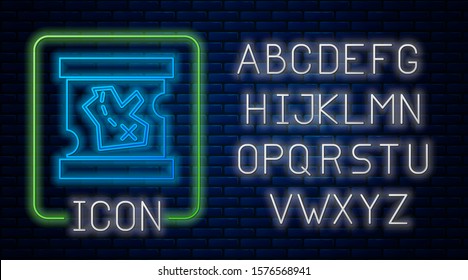 Glowing neon Pirate treasure map icon isolated on brick wall background. Neon light alphabet. Vector Illustration