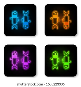 Glowing neon Pisces zodiac sign icon isolated on white background. Astrological horoscope collection. Black square button. Vector Illustration