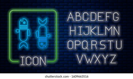 Glowing neon Pisces zodiac sign icon isolated on brick wall background. Astrological horoscope collection. Neon light alphabet. Vector Illustration