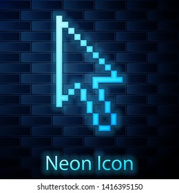 Glowing neon Pixel arrow cursor icon isolated on brick wall background.  Vector Illustration