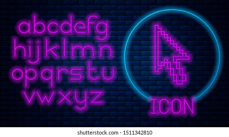 Glowing neon Pixel arrow cursor icon isolated on brick wall background. Neon light alphabet. Vector Illustration